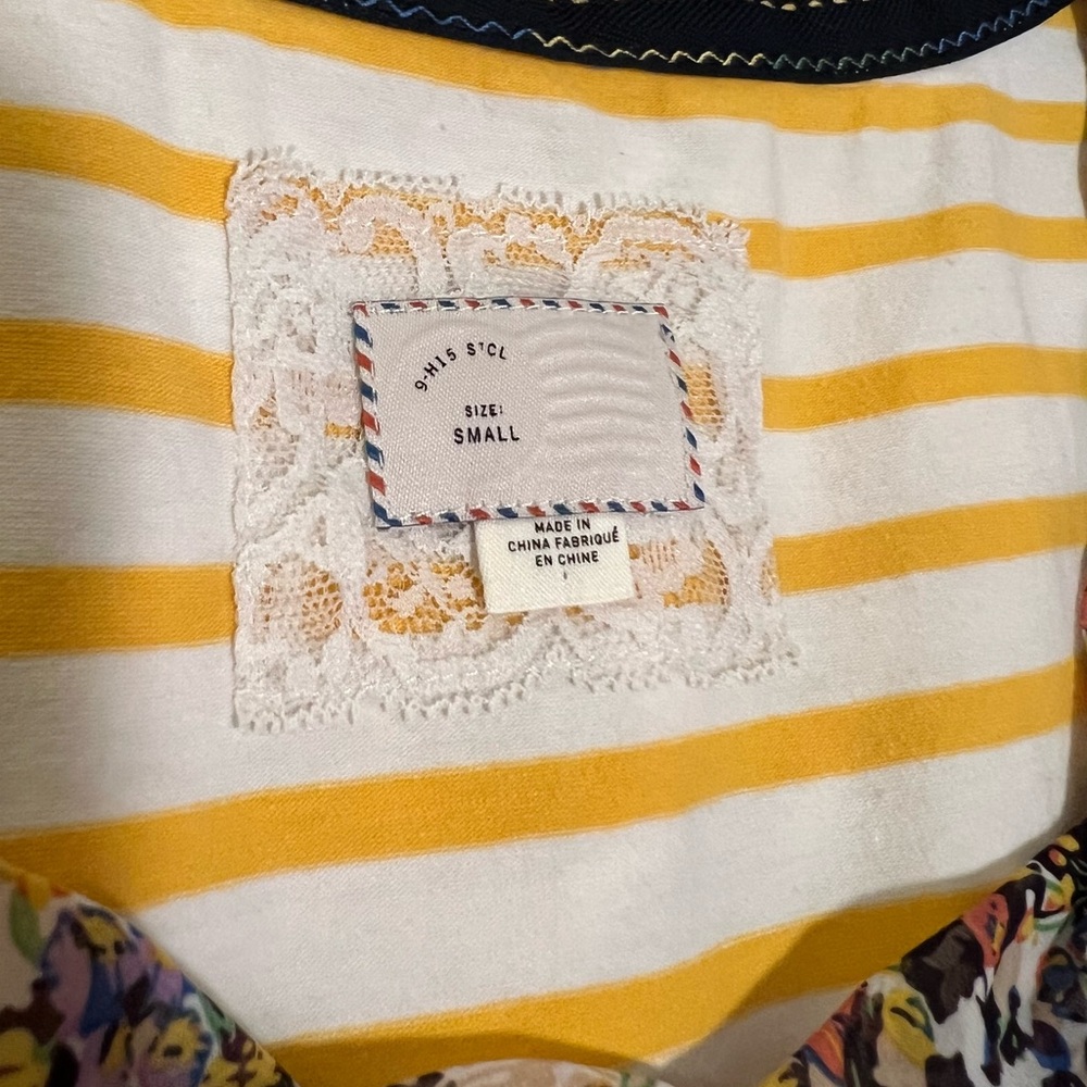 Anthropologie Postmark Striped Peplum Hi Lo Tank Flowy Top Yellow White Floral S - Picture 7 of 11